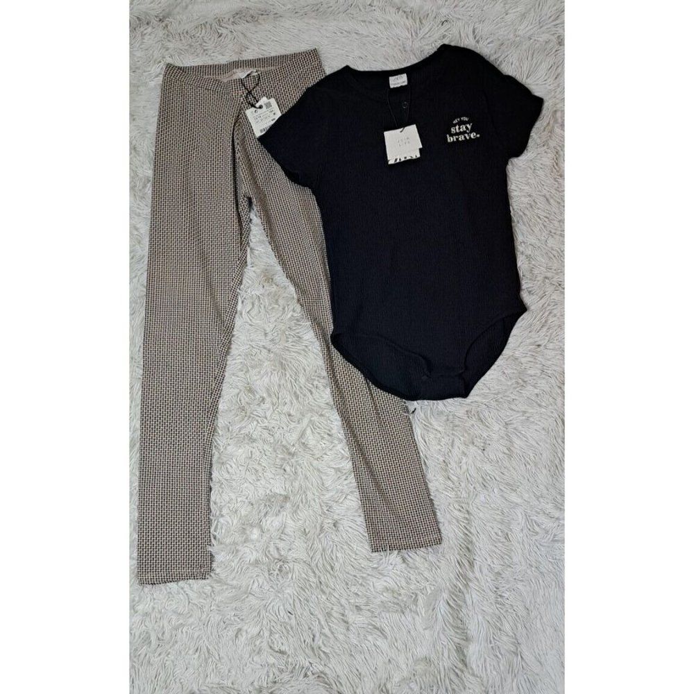 Zara Girl's Bodysuit and Leggings Black White Herringbone Youth Size 13-14